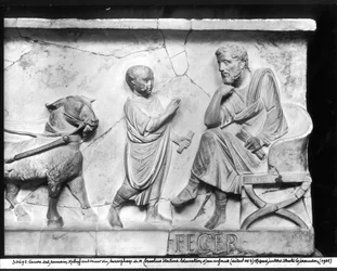 Detail from the sarcophagus of Cornelius Statius depicting a child reciting his lesson at the feet of his teacher (detail)